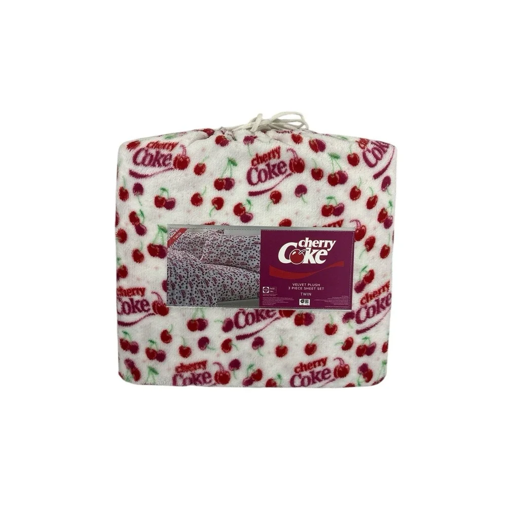 Coca Cola Cherry‎ Coke 3pc Twin Plush Sheet Set Red Cherries Logo